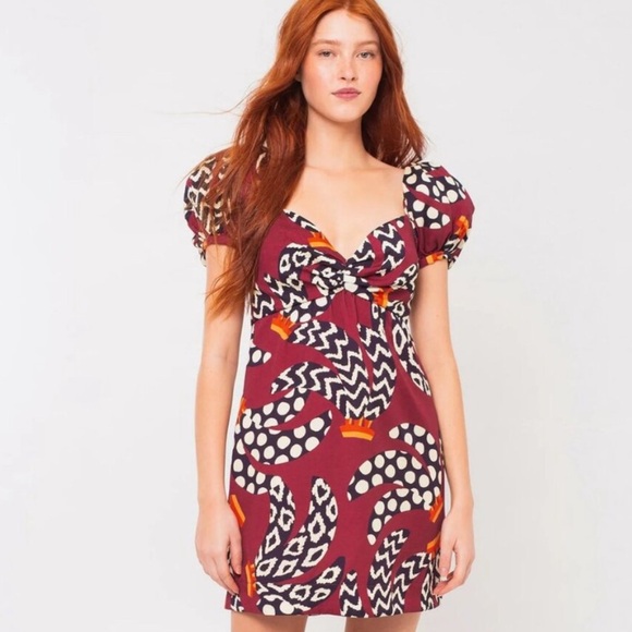 FARM Rio Dresses & Skirts - NEW FARM RIO Burgundy Dress Ethnic Bananas Puff Sleeve Mini Dress RARE PATTERN S
